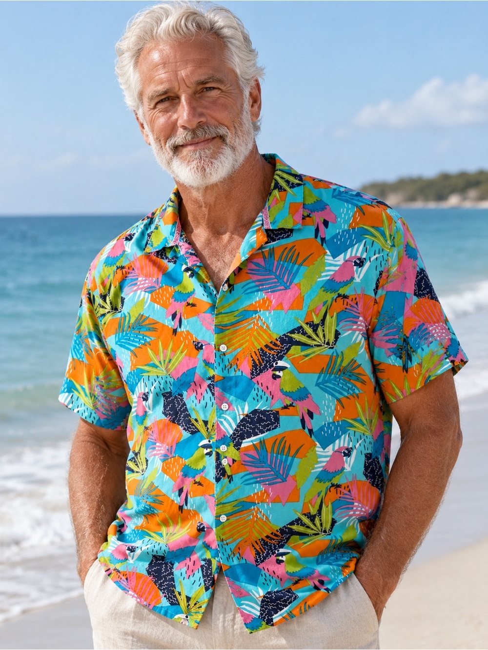 Men's Free Planet Tropical Print Short-Sleeve Shirt missing bottom button Sz L